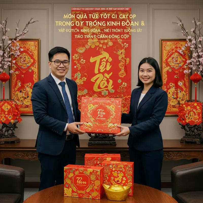 Hộp quà Tết cao cấp với sắc đỏ vàng, nâng tầm giá trị truyền thống Việt.