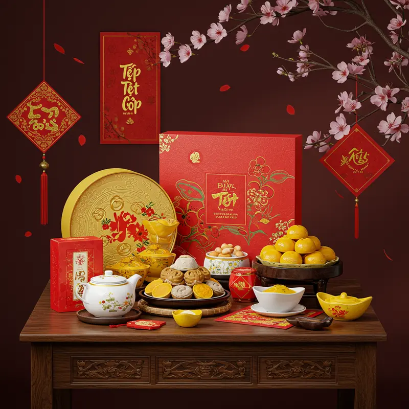 Hộp quà Tết cao cấp với sắc đỏ vàng, nâng tầm giá trị truyền thống Việt.