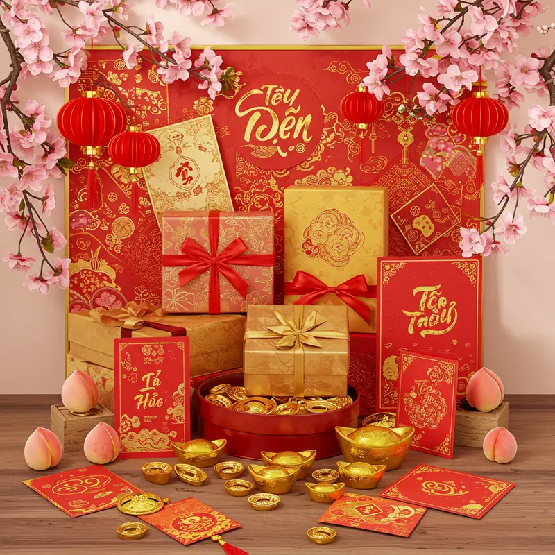 Hộp quà Tết thiết kế cao cấp kèm thiệp chúc mừng đặt cạnh hoa đào nở, phong cách trang trọng, không chữ.