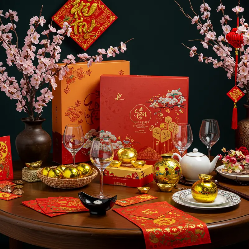 Hộp quà rượu vang Ý trang trí sang trọng trên bàn tiệc Tết truyền thống.