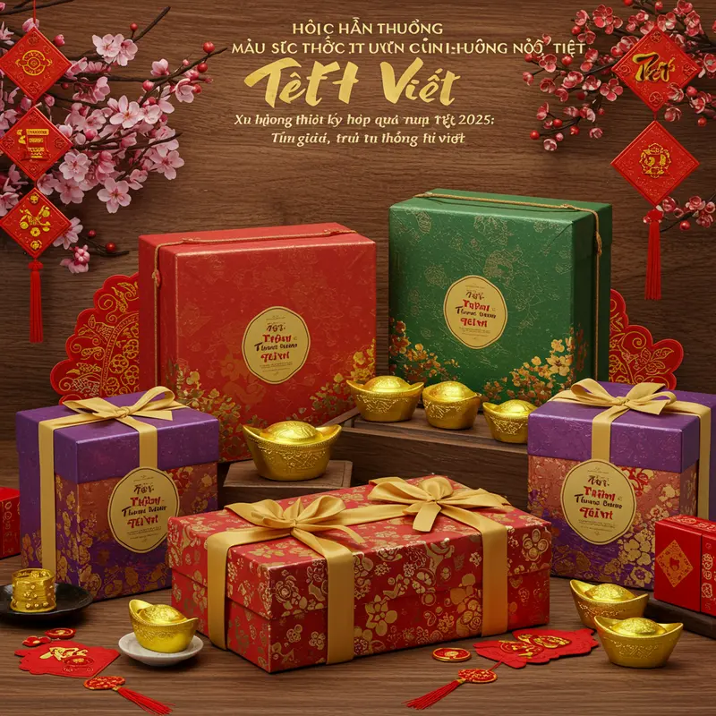 Hộp quà Tết theo phong cách tối giản với sắc màu trắng, vàng, đỏ tinh tế.