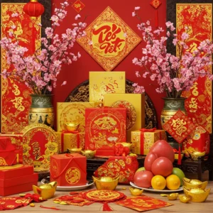 Bàn bày hộp quà Tết thiết kế tinh xảo giữa hoa đào, trái cây ngày Tết, tạo không khí lễ hội và sự sang trọng.