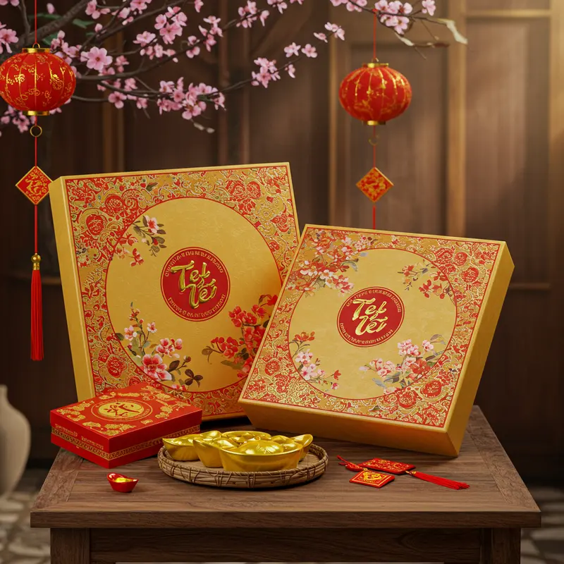 Hộp quà Tết sang trọng trên bàn với hoa mai hoặc hoa đào phía sau.