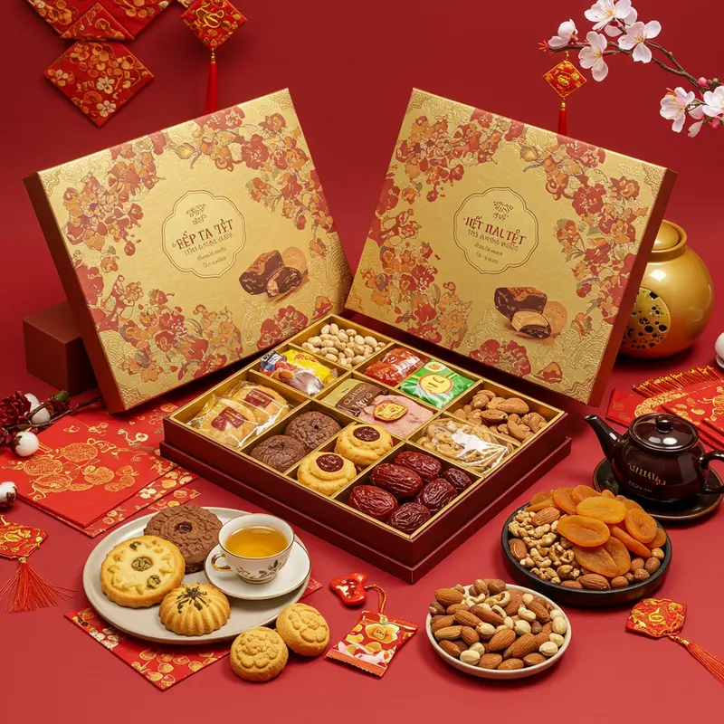 Cận cảnh hộp quà Tết tầm trung sang trọng, chứa bánh kẹo, trà và mứt trên nền đỏ vàng.