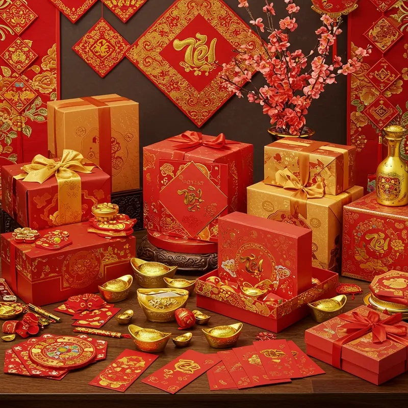 Hộp quà Tết nhiều kiểu dáng đặt trên bàn cùng phong bao đỏ, hoa mai, vật trang trí sang trọng.