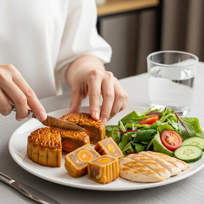 Minh họa bánh Trung Thu và thiết bị kiểm tra đường huyết.