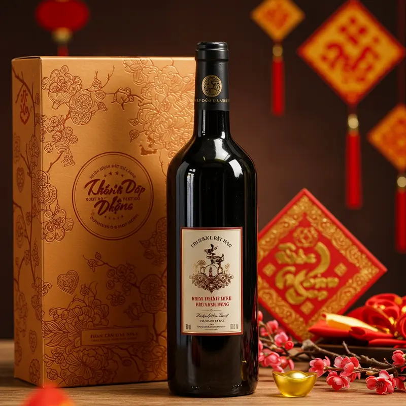 Hộp quà rượu vang Ý trang trí sang trọng trên bàn tiệc Tết truyền thống.