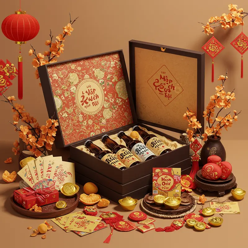 Hình ảnh nhiều chai bia thủ công Việt Nam với nhãn dán bắt mắt, đặt trên bàn gỗ cùng hoa bia và lúa mạch.