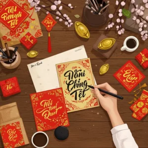 Nhân viên công ty nhận hộp quà Tết trong văn phòng trang trí hoa đào và lồng đèn đỏ.