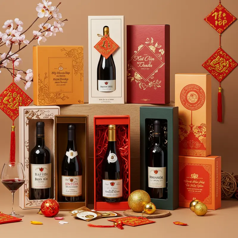 Hộp quà rượu vang Ý trang trí sang trọng trên bàn tiệc Tết truyền thống.