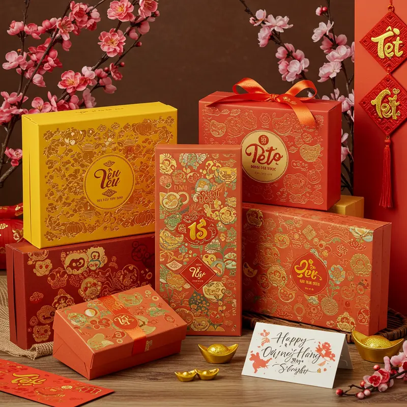 Hộp quà Tết đặc sản Việt Nam với các món truyền thống và trang trí hoa mai, hoa đào.
