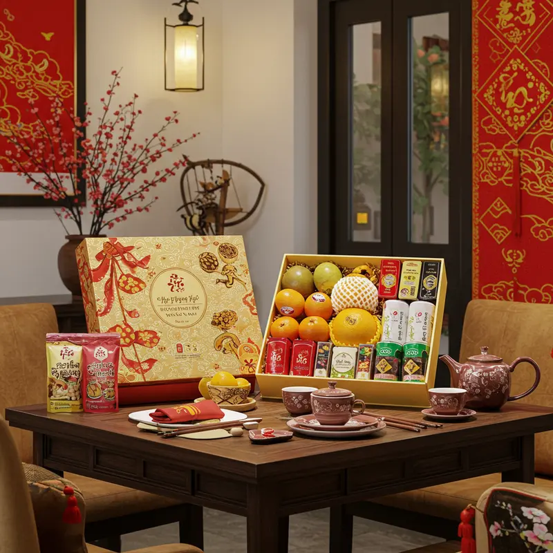 Hộp quà Tết hữu cơ sang trọng tại gian phòng khách hiện đại đậm sắc Xuân.