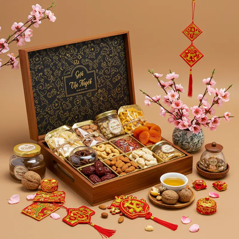 Hộp quà Tết hữu cơ mở nắp, chứa các sản phẩm hữu cơ sắp xếp đẹp mắt và hoa trang trí xung quanh.