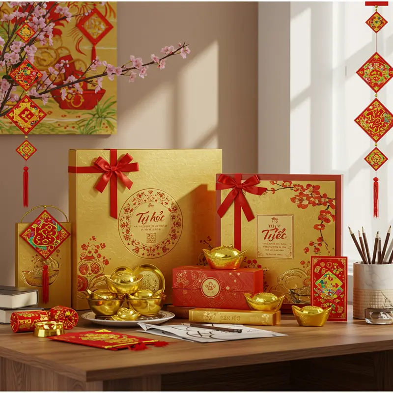 Bộ hộp quà Tết sang trọng trên bàn, bên cạnh vật trang trí ngày Tết và ánh sáng tự nhiên len vào phòng.