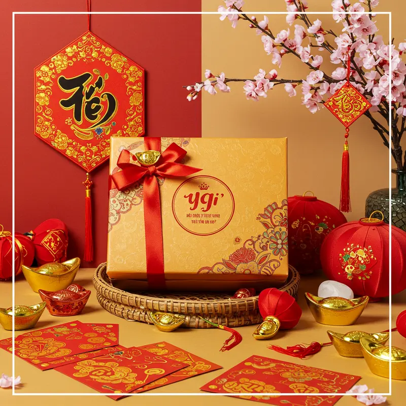 Hộp quà Tết in logo công ty, họa tiết truyền thống, hoa mai và bao lì xì xung quanh.