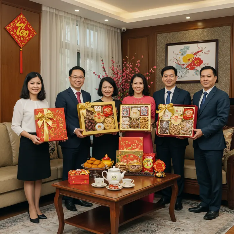 Người thân và đồng nghiệp hài lòng khi nhận hộp quà Tết thiết kế tinh tế.