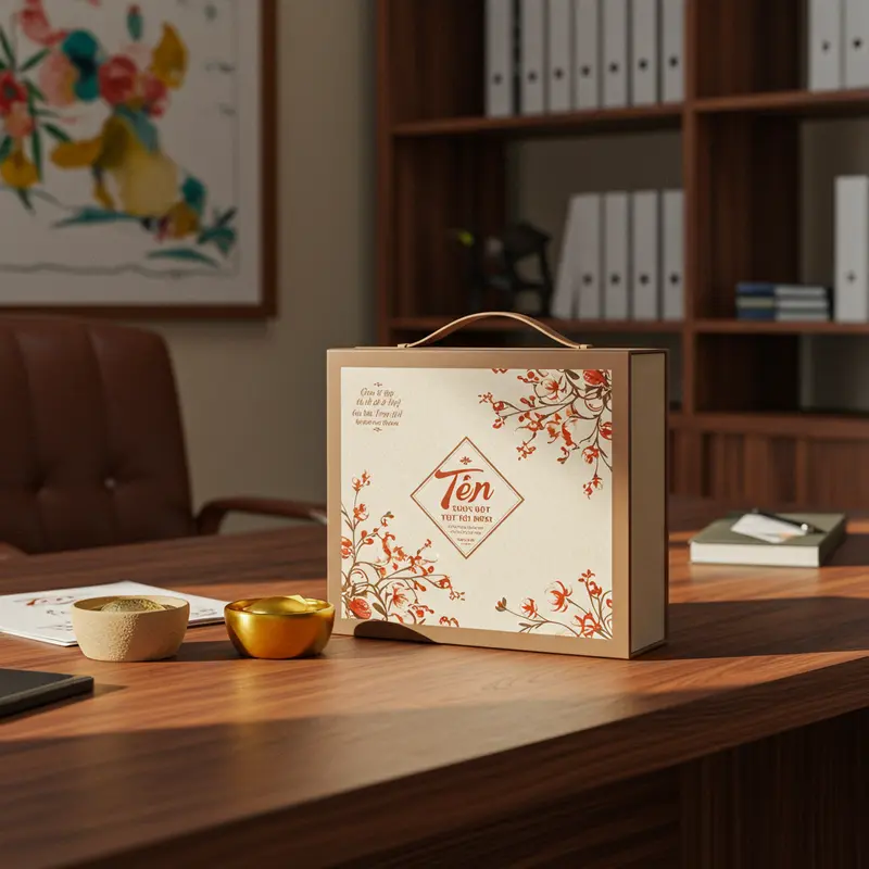 Hộp quà Tết tối giản tinh tế đặt trên bàn làm việc hiện đại của doanh nghiệp.