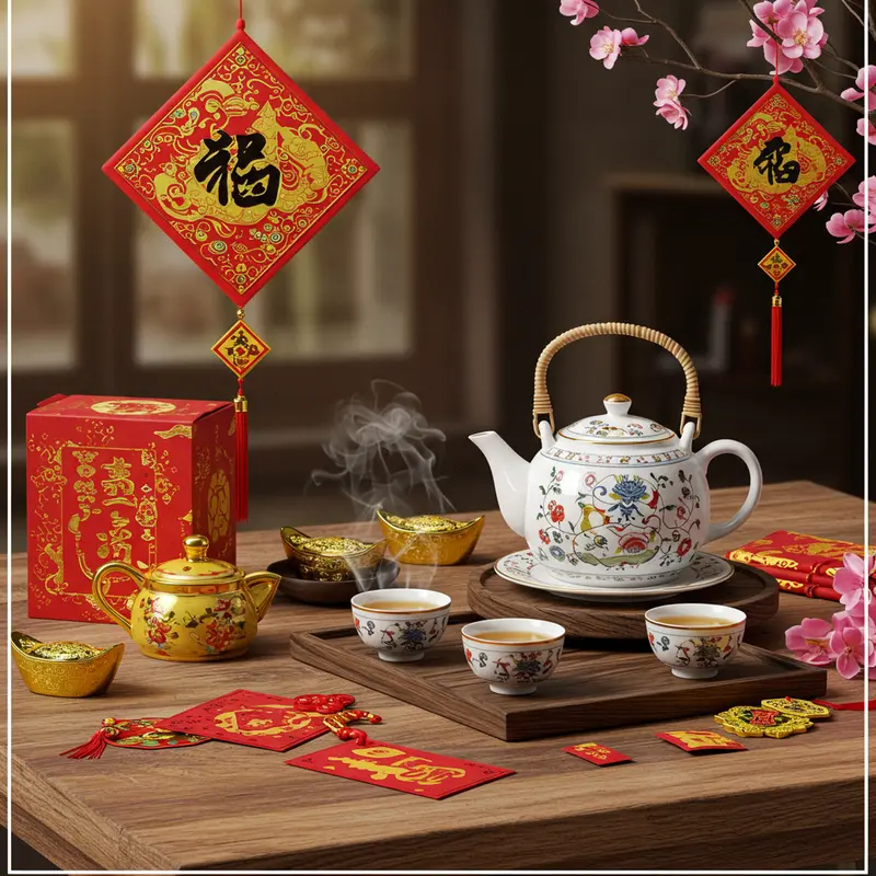 Ảnh bàn trà sang trọng ngày Tết với bộ trà, lá trà, ly bốc khói và trang trí đỏ vàng.