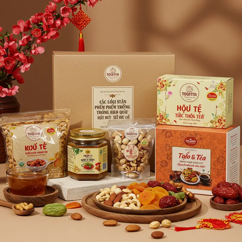 Hộp quà Tết hữu cơ đa dạng sản phẩm chăm sóc sức khỏe, được trình bày tinh tế.