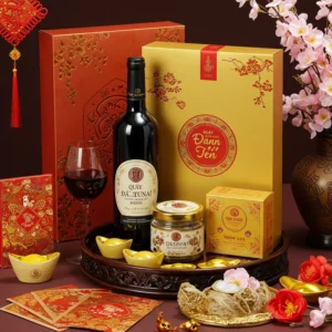 Cận cảnh hộp quà Tết cao cấp gồm rượu vang, yến sào, trà thượng hạng trên khay truyền thống, không có chữ.
