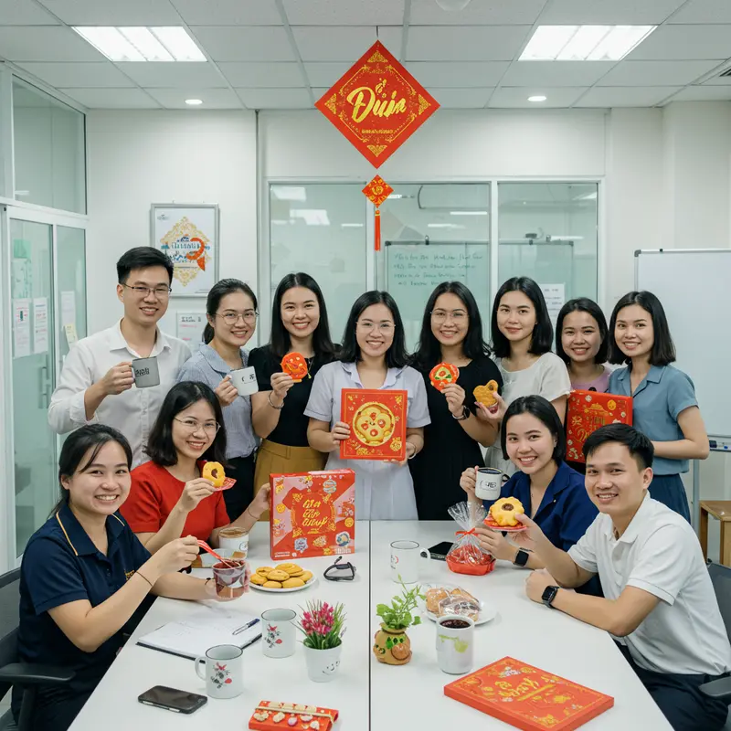 Không khí công sở ấm áp ngày Tết với những hộp quà sang trọng.