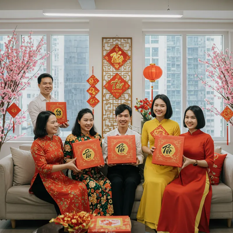 Không khí trao tặng quà Tết ấm cúng giữa các nhân viên văn phòng.