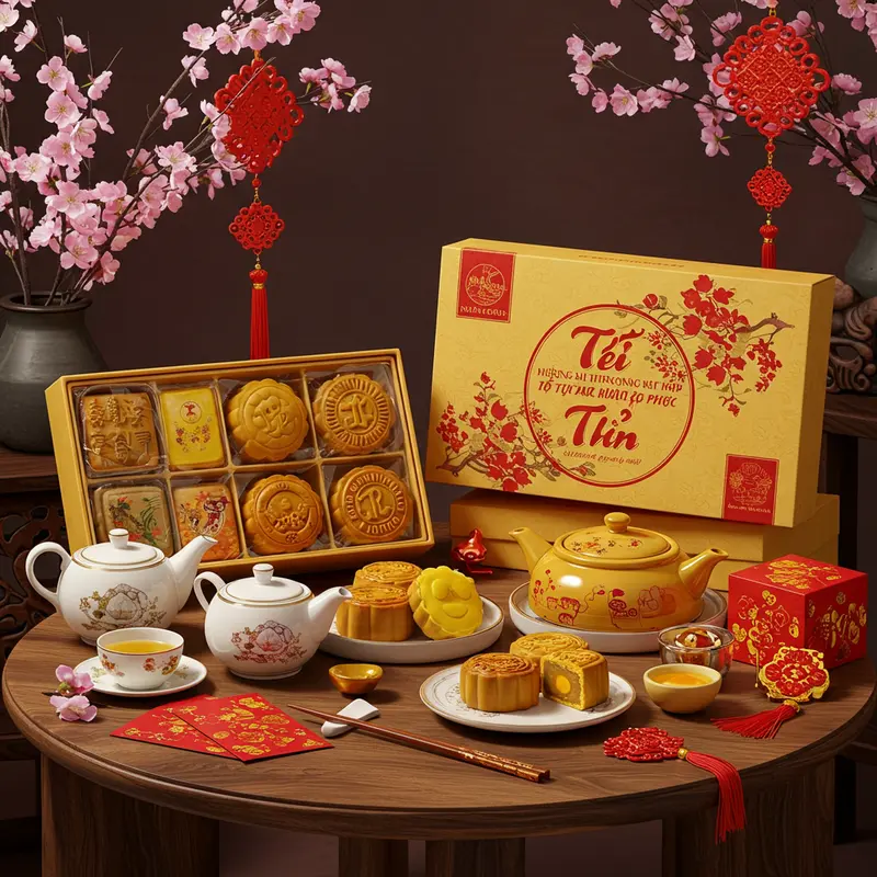 Hình ảnh hộp quà Tết cao cấp gồm bánh Trung Thu, trà và trang trí mùa xuân.