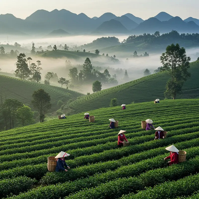 Vùng núi cao với cây chè Shan Tuyết cổ thụ trăm tuổi được người bản địa hái thủ công.