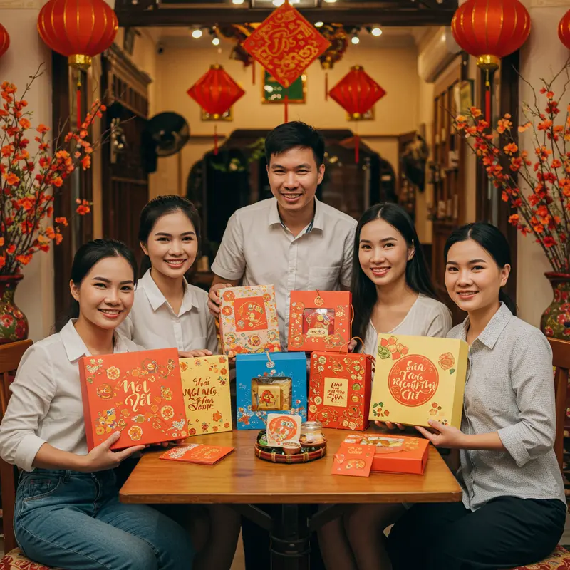 Nhân viên đang đóng gói và trang trí hộp quà Tết tại văn phòng.