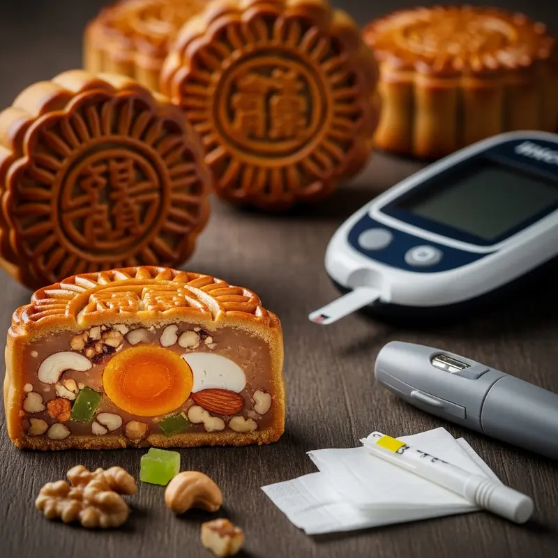 Minh họa bánh Trung Thu và thiết bị kiểm tra đường huyết.