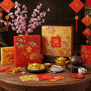 Hộp quà Tết sang trọng với hoa mai, phong bao lì xì, trà bánh, trên bàn gỗ theo phong cách lễ hội truyền thống Việt Nam.
