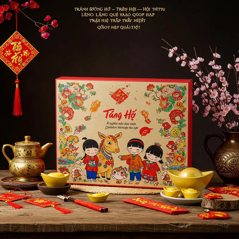 Hộp quà Tết sang trọng với họa tiết truyền thống nổi bật.