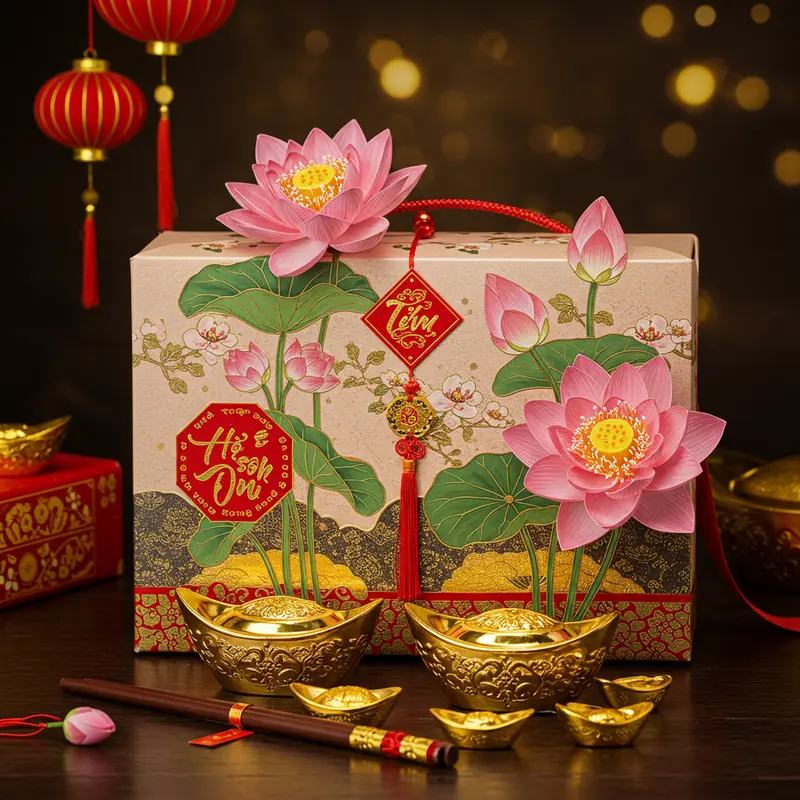 Hộp quà Tết sang trọng với họa tiết truyền thống nổi bật.