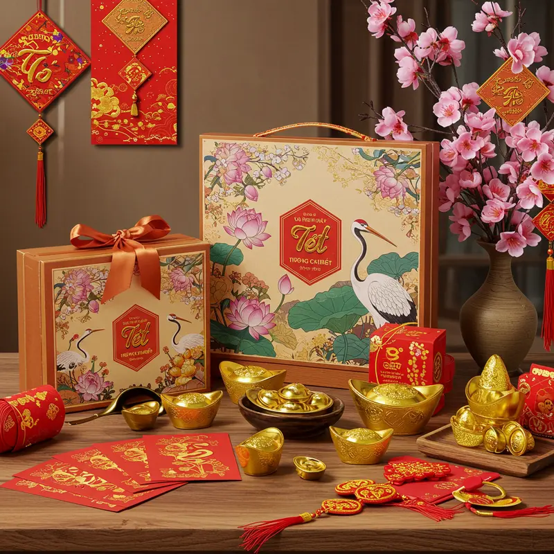 Hộp quà Tết sang trọng với họa tiết truyền thống nổi bật.