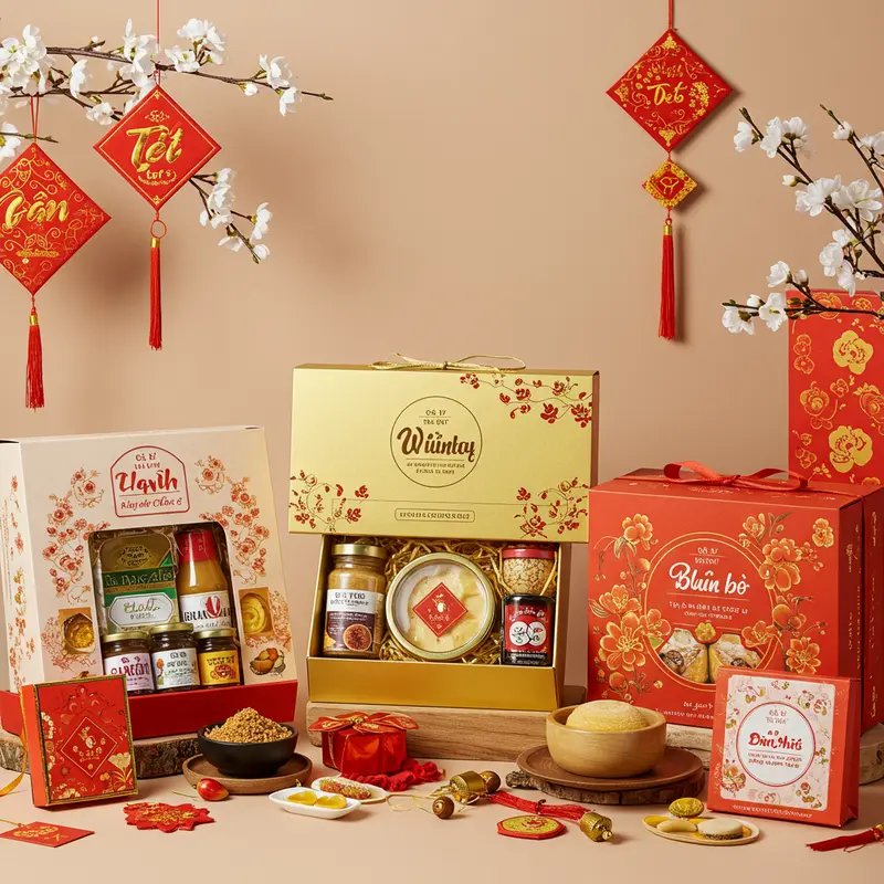 Hộp quà Tết hữu cơ đa dạng sản phẩm chăm sóc sức khỏe, được trình bày tinh tế.