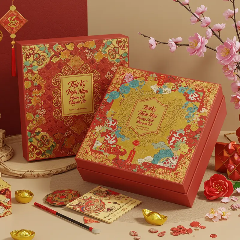 Hộp quà Tết cao cấp với sắc đỏ vàng, nâng tầm giá trị truyền thống Việt.