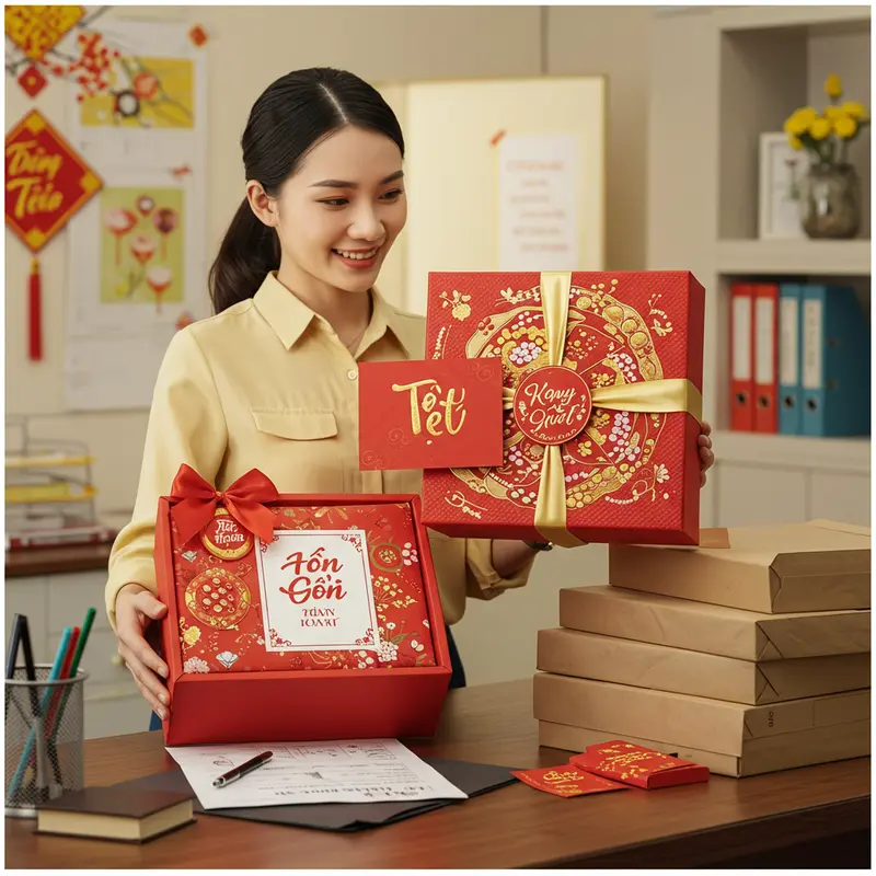 Nhóm doanh nghiệp họp bàn về ngân sách và lựa chọn hộp quà Tết.