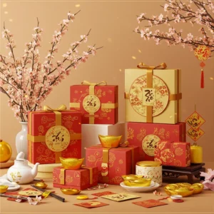 Bàn trưng bày các hộp quà Tết nhiều kiểu dáng, với hoa mai, họa tiết vàng sang trọng.