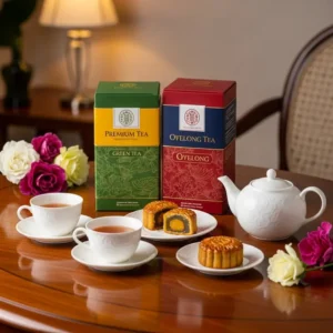 Set quà trà xanh và trà Oolong thượng hạng bày biện trang nhã trên nền gỗ.
