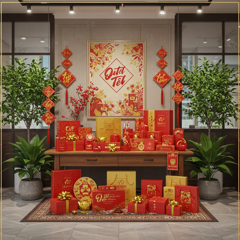 Bàn làm việc văn phòng với hộp quà Tết đỏ vàng, không khí trang hoàng dịp Tết.