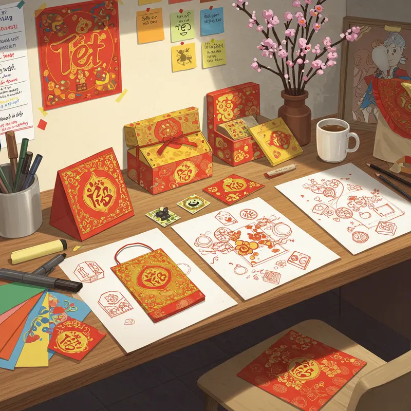 Bản phác thảo hộp quà Tết với các chi tiết hoa văn, màu sắc truyền thống trên bàn làm việc sáng tạo.