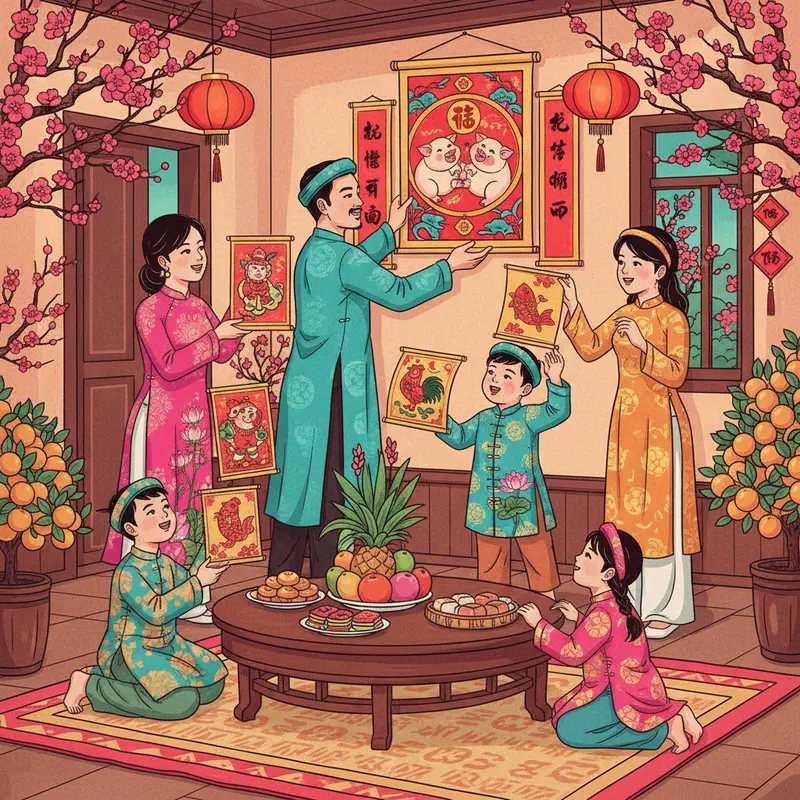 Không khí trang trí tranh Tết truyền thống trong gia đình Việt.