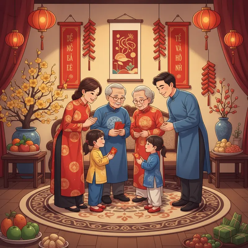 Bàn thờ gia đình sum vầy Tết với hoa đào và lễ vật truyền thống.