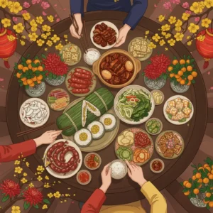 Bàn ăn ngày Tết Nam Bộ tràn ngập món ngon truyền thống và không khí sum vầy.