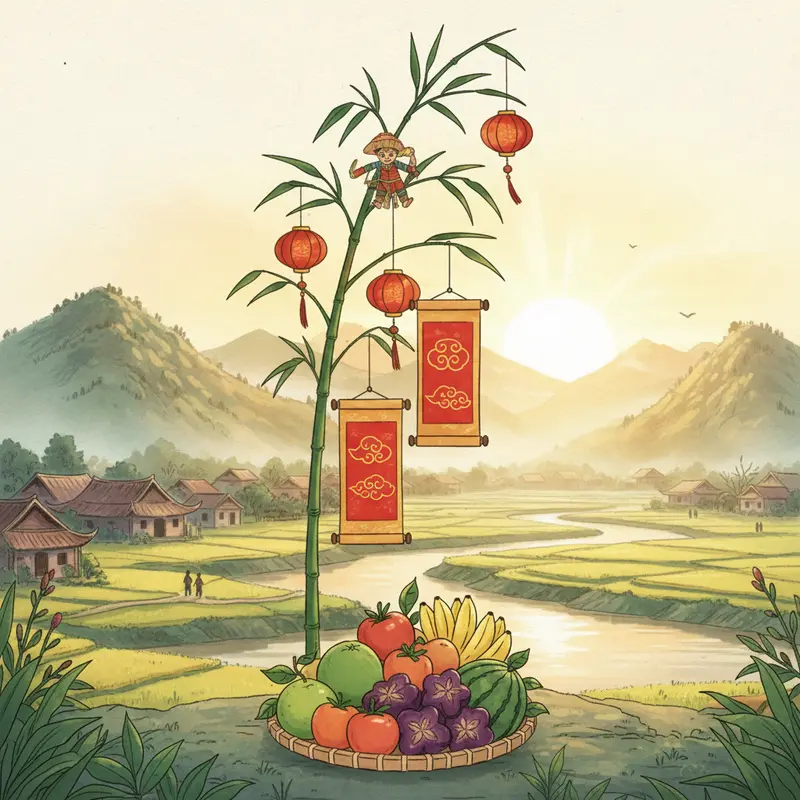 Cây nêu truyền thống dựng giữa sân nhà vào dịp Tết, trang trí mang lại may mắn.