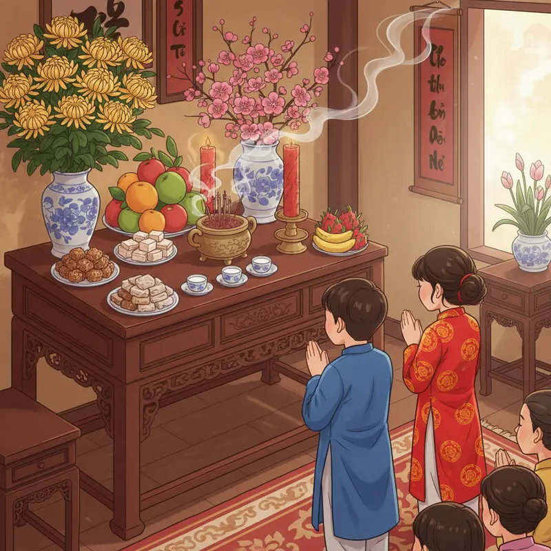 Gia đình Việt sum vầy bên bàn thờ tổ tiên trong ngày Tết.