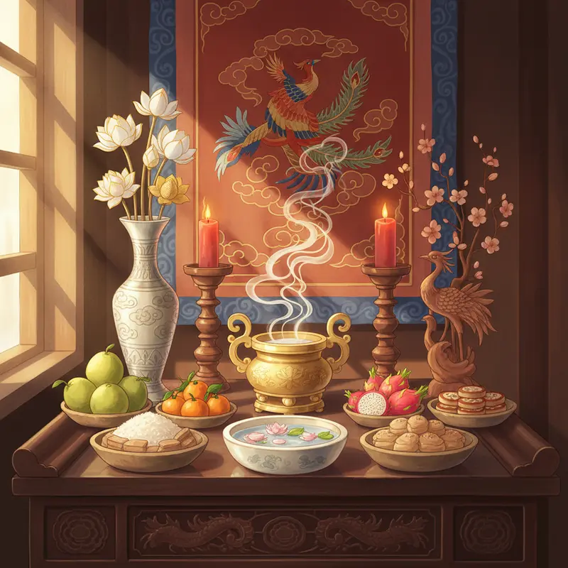 Bàn thờ gia tiên chuẩn Ngũ Hành với các vật phẩm đại diện Kim, Mộc, Thủy, Hỏa, Thổ.