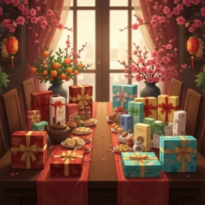 Bàn tiệc Tết truyền thống, đa dạng hộp quà cao cấp và hiện đại, dành cho khách hàng VIP và tiềm năng.