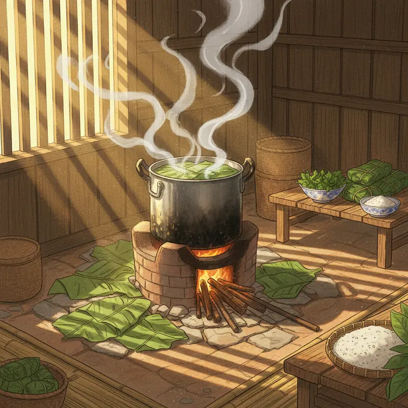 Bánh chưng được luộc trên bếp củi truyền thống, tỏa khói và giữ hương vị đặc trưng ngày Tết.