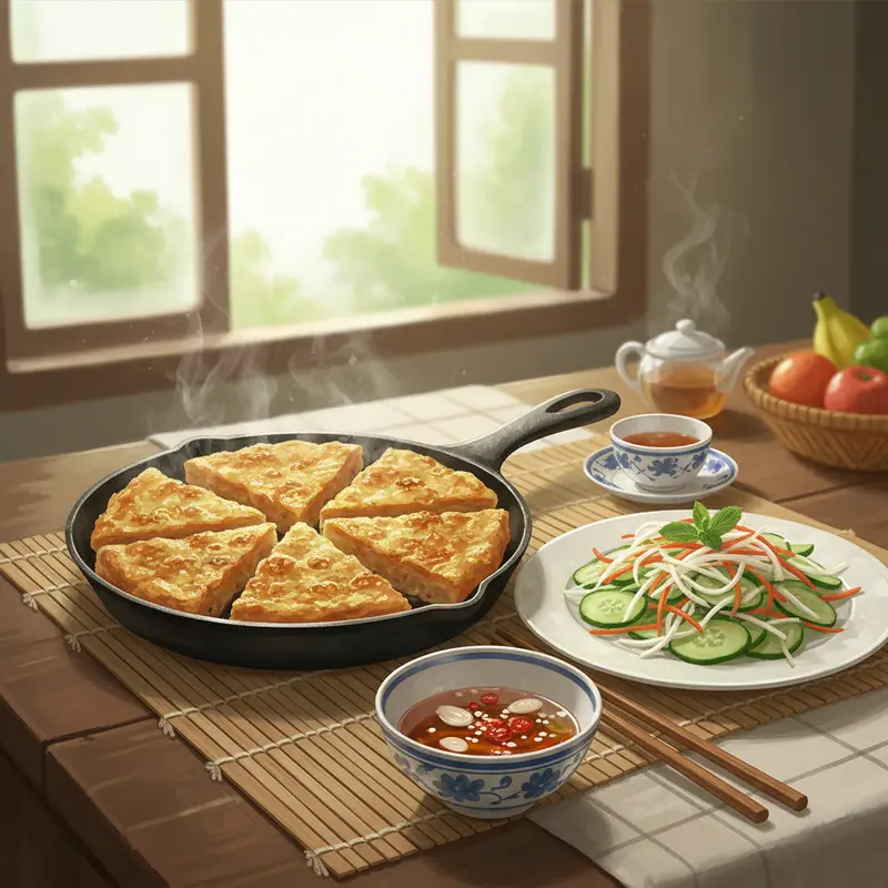 Bánh chưng cắt lát chiên giòn vàng, ăn kèm dưa góp và nước mắm tỏi ớt.